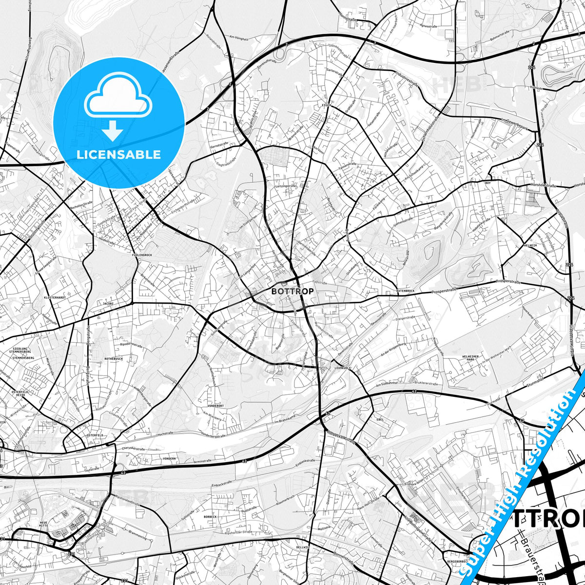 Bottrop, Germany Light Map with Street Names, City Names, and Districts
