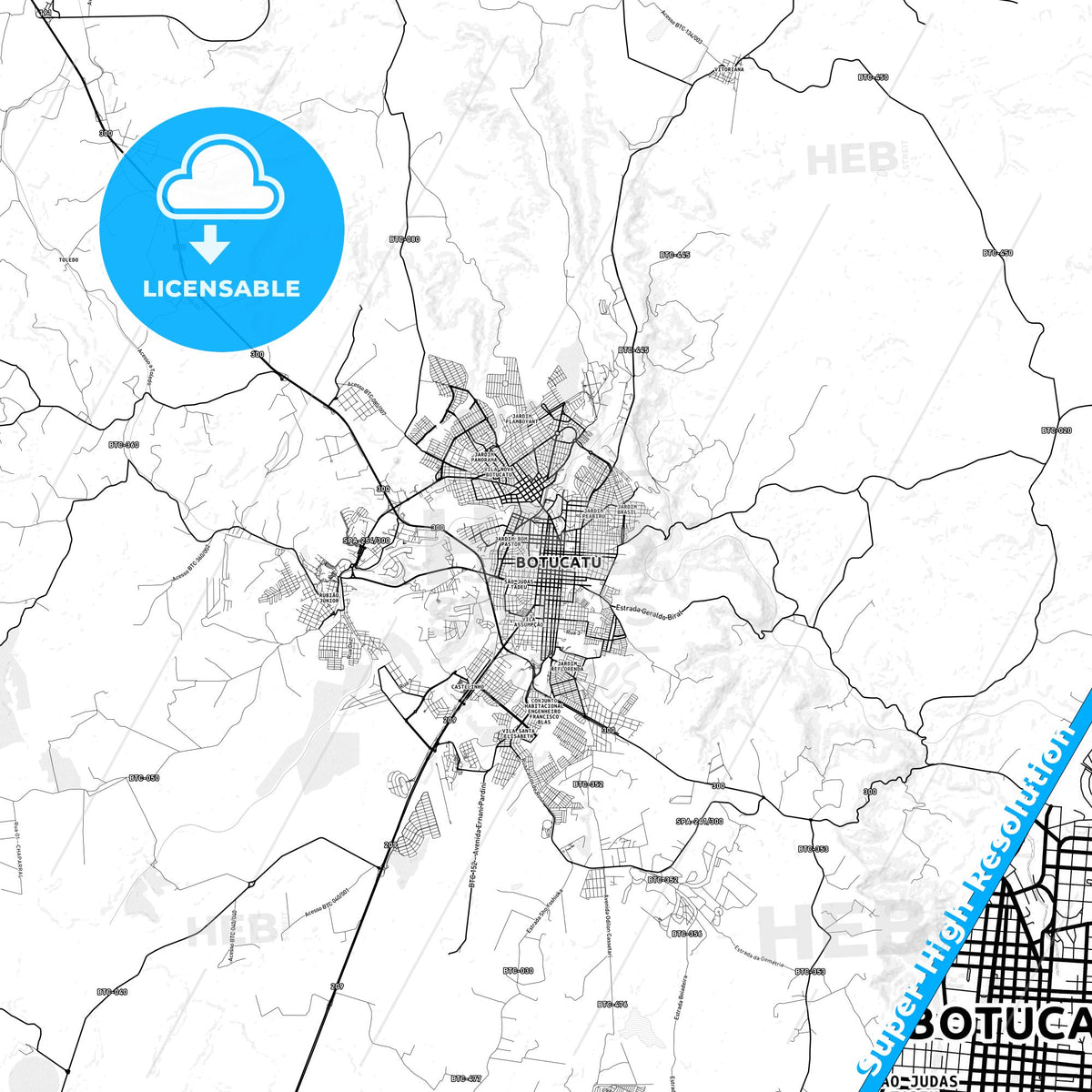 Botucatu, Brazil light map with streetnames, citynames and districts
