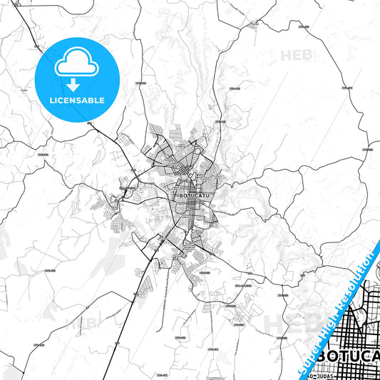 Botucatu, Brazil light map with streetnames, citynames and districts