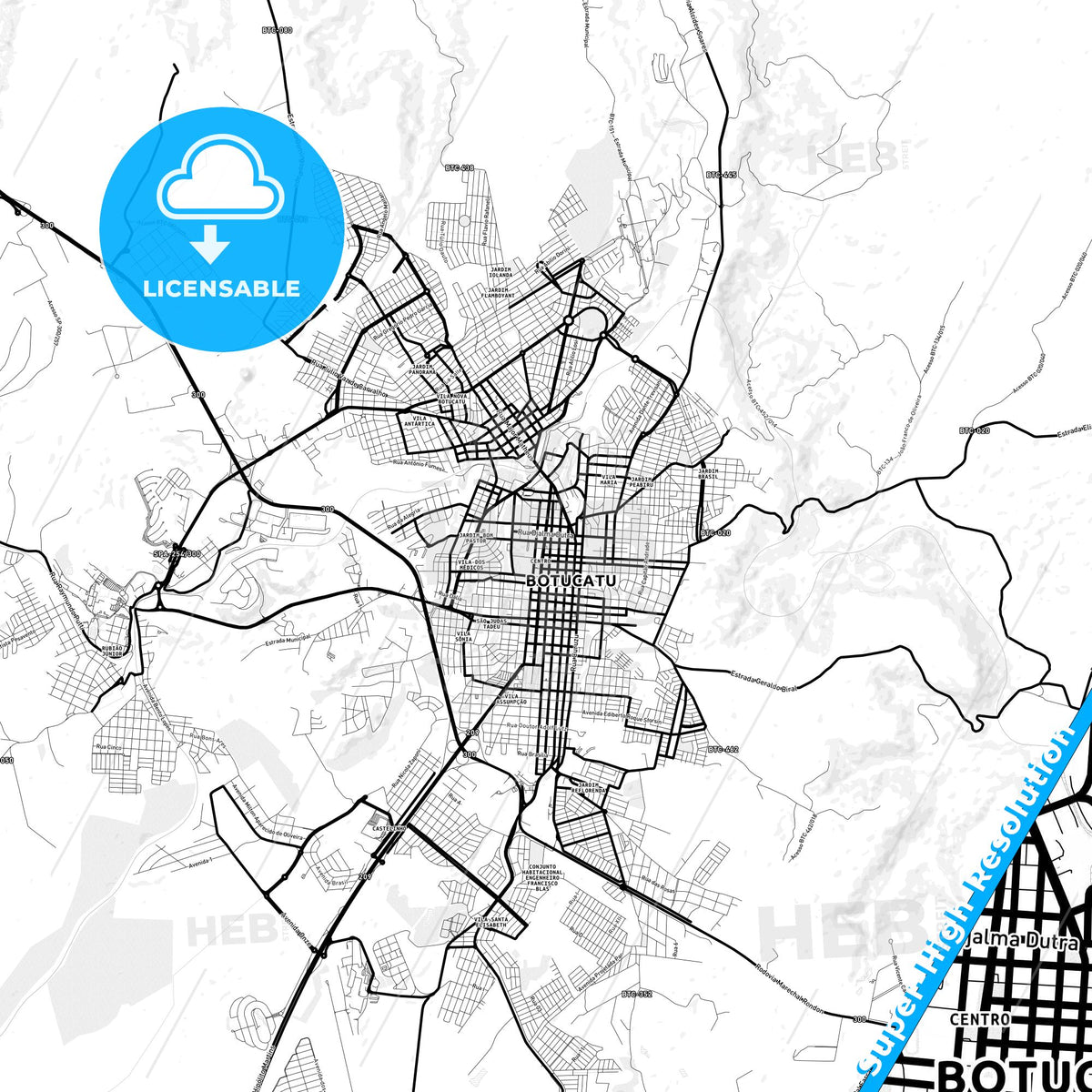 Botucatu, Brazil Light Map with Street Names, City Names, and Districts