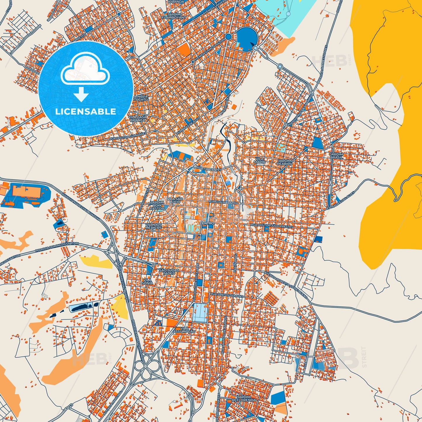 Colorful Botucatu Street Map with Labels and Buildings