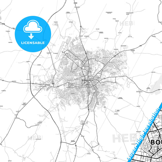 Bouake, Ivory Coast light map with streetnames, citynames and districts