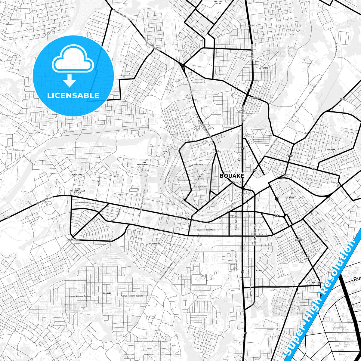 Bouake, Ivory Coast Light Map with Street Names, City Names, and Districts