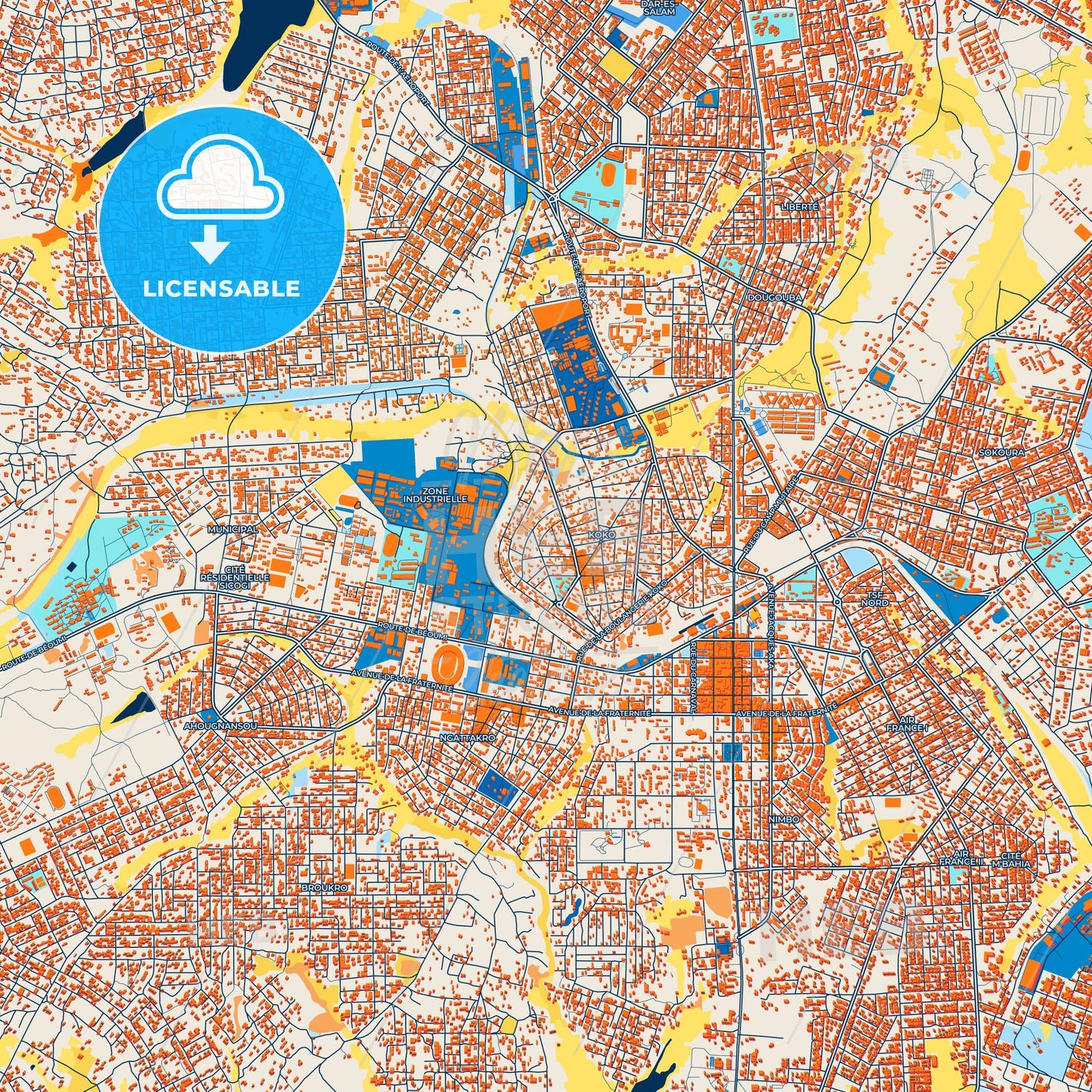 Colorful Bouake Street Map with Labels and Buildings