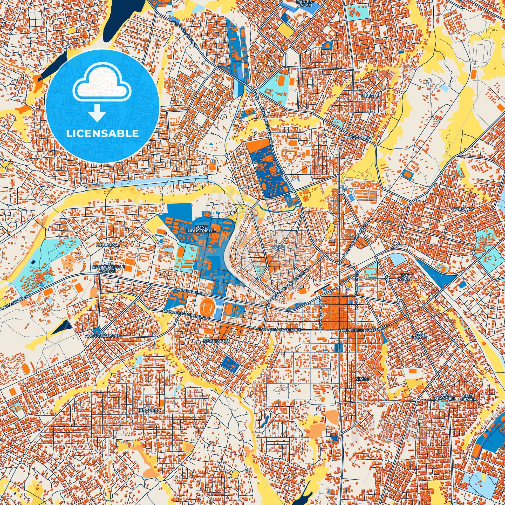 Colorful Bouake Street Map with Labels and Buildings