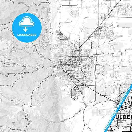 Boulder, Colorado light map with streetnames, citynames and districts