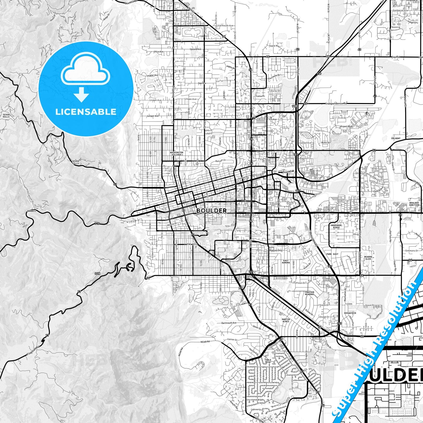 Boulder, Colorado Light Map with Street Names, City Names, and Districts
