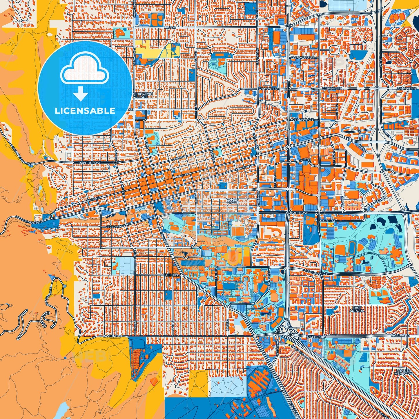 Colorful Boulder Street Map with Labels and Buildings