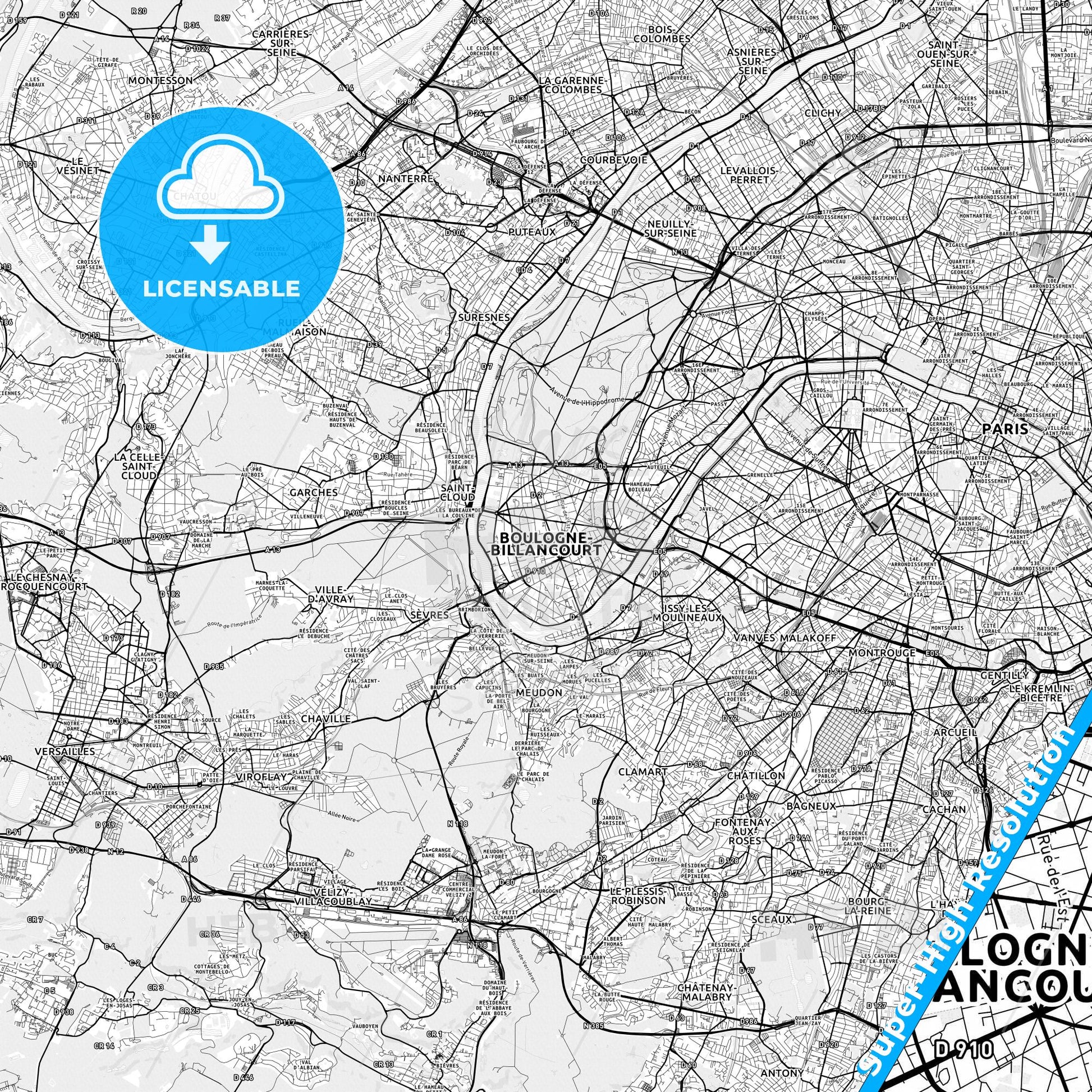 Boulogne-Billancourt, France light map with streetnames, citynames and districts
