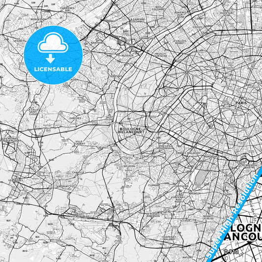 Boulogne-Billancourt, France light map with streetnames, citynames and districts