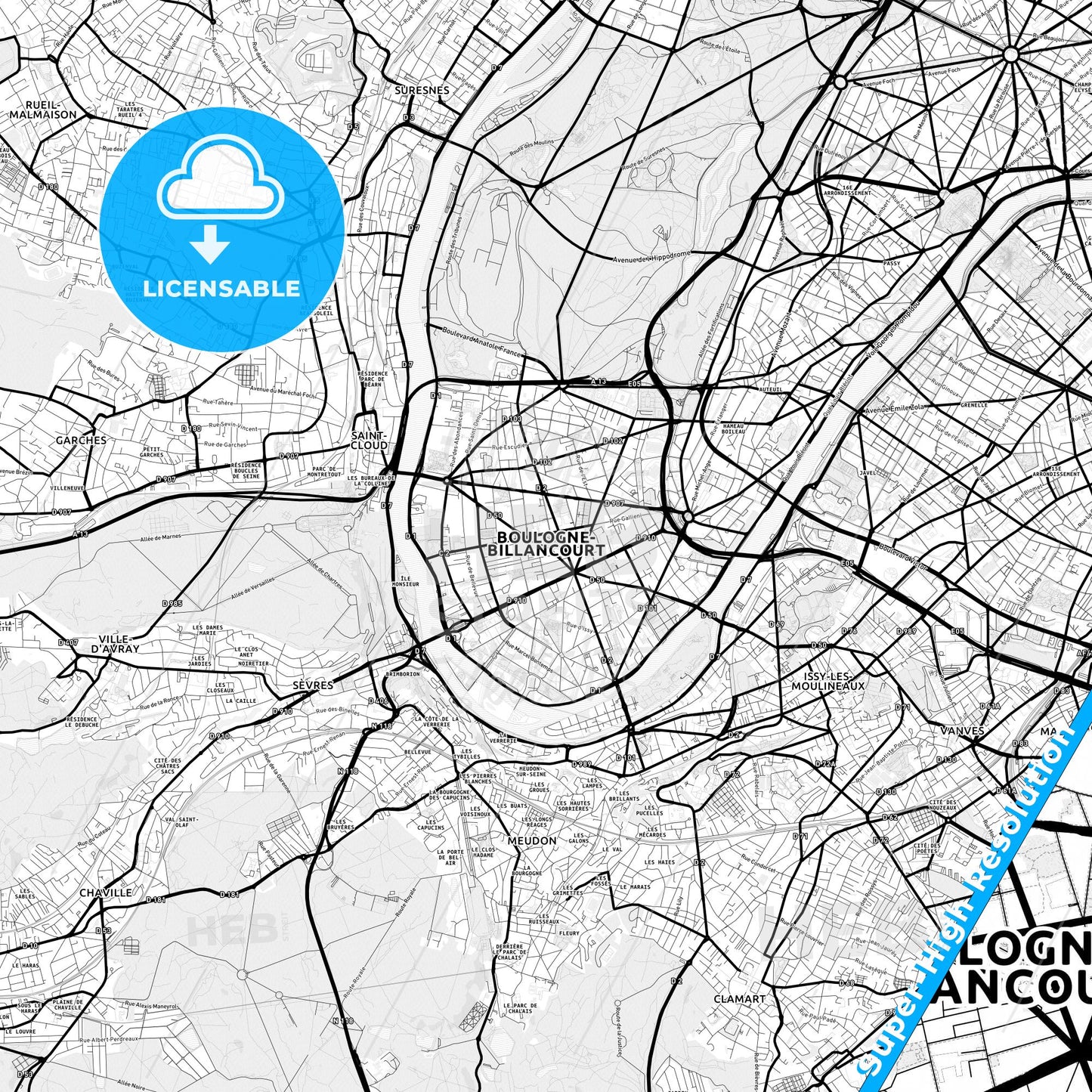 Boulogne-Billancourt, France Light Map with Street Names, City Names, and Districts