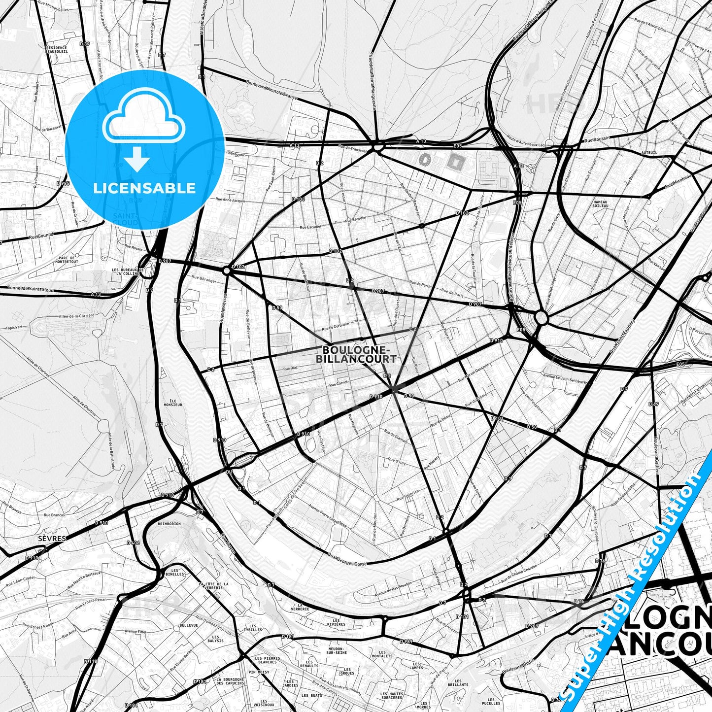 Boulogne-Billancourt, France Light Map with Street Names, City Names, and Districts