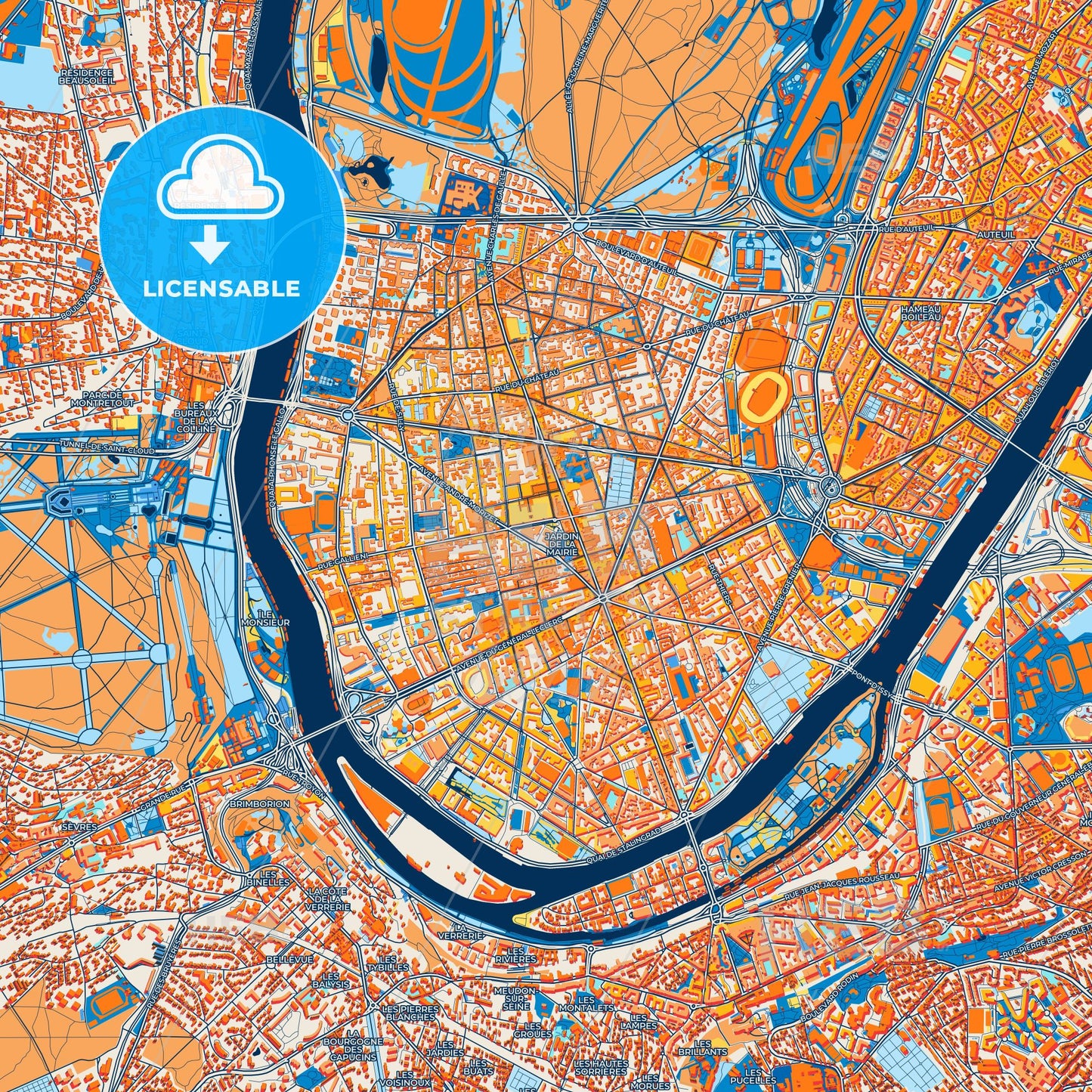 Colorful Boulogne-Billancourt Street Map with Labels and Buildings
