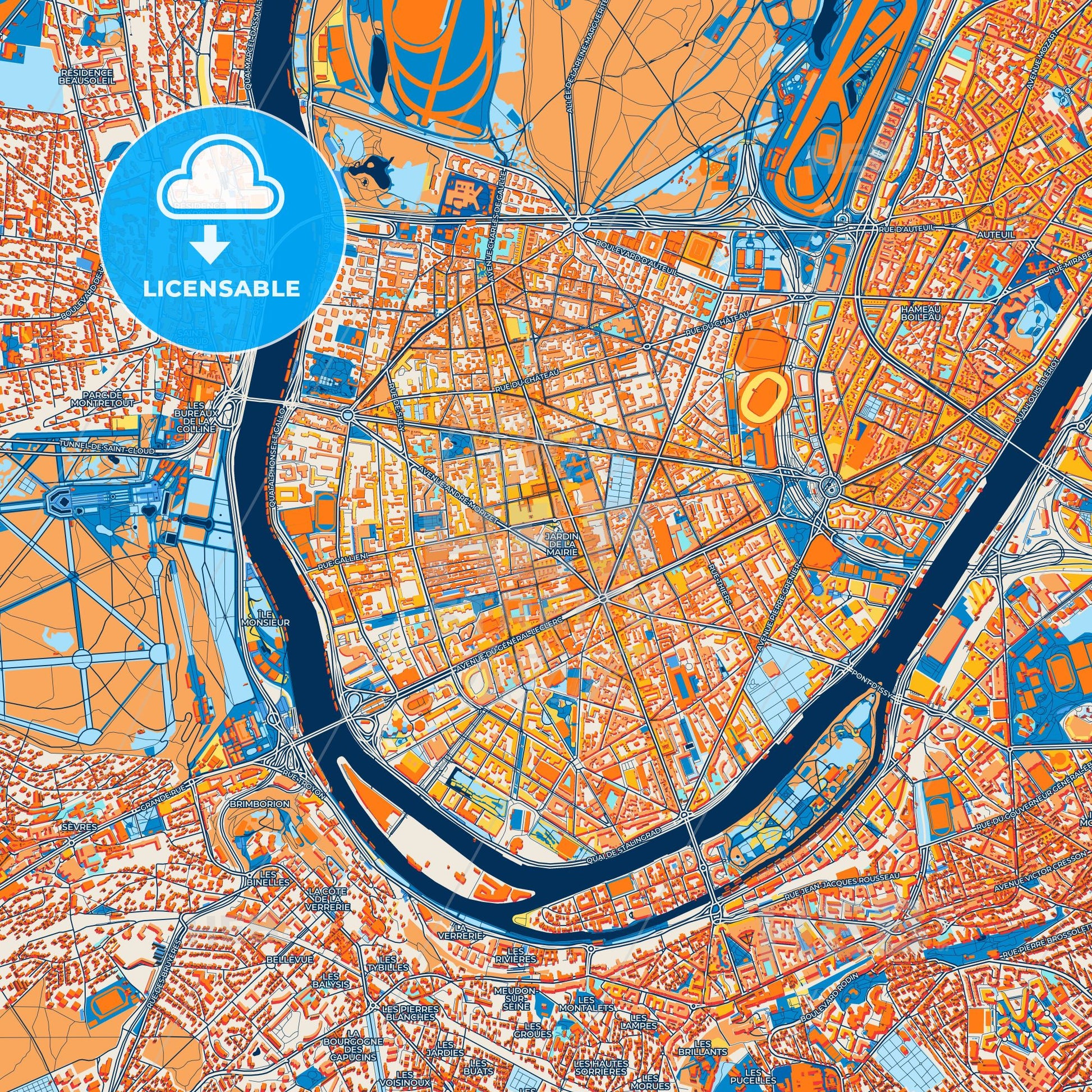 Colorful Boulogne-Billancourt Street Map with Labels and Buildings