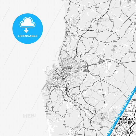 Boulogne-sur-Mer, France light map with streetnames, citynames and districts