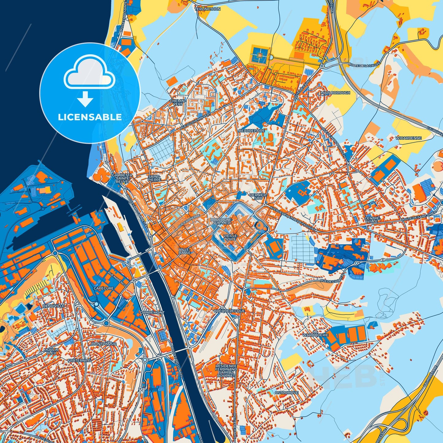 Colorful Boulogne-sur-Mer Street Map with Labels and Buildings