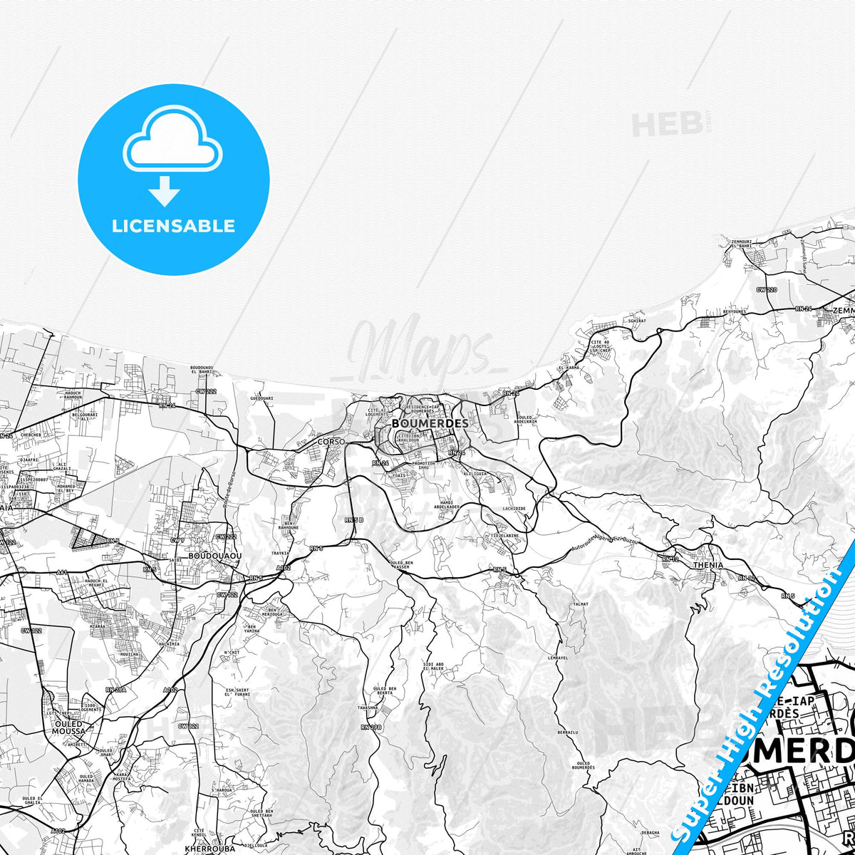 Boumerdas, Algeria light map with streetnames, citynames and districts