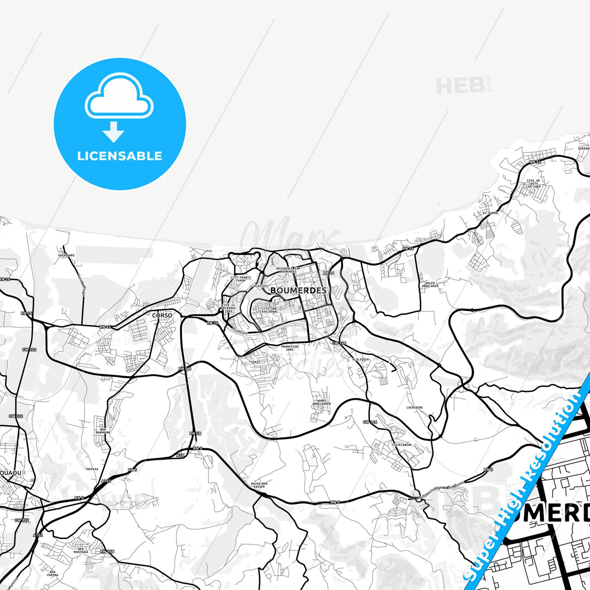 Boumerdas, Algeria Light Map with Street Names, City Names, and Districts