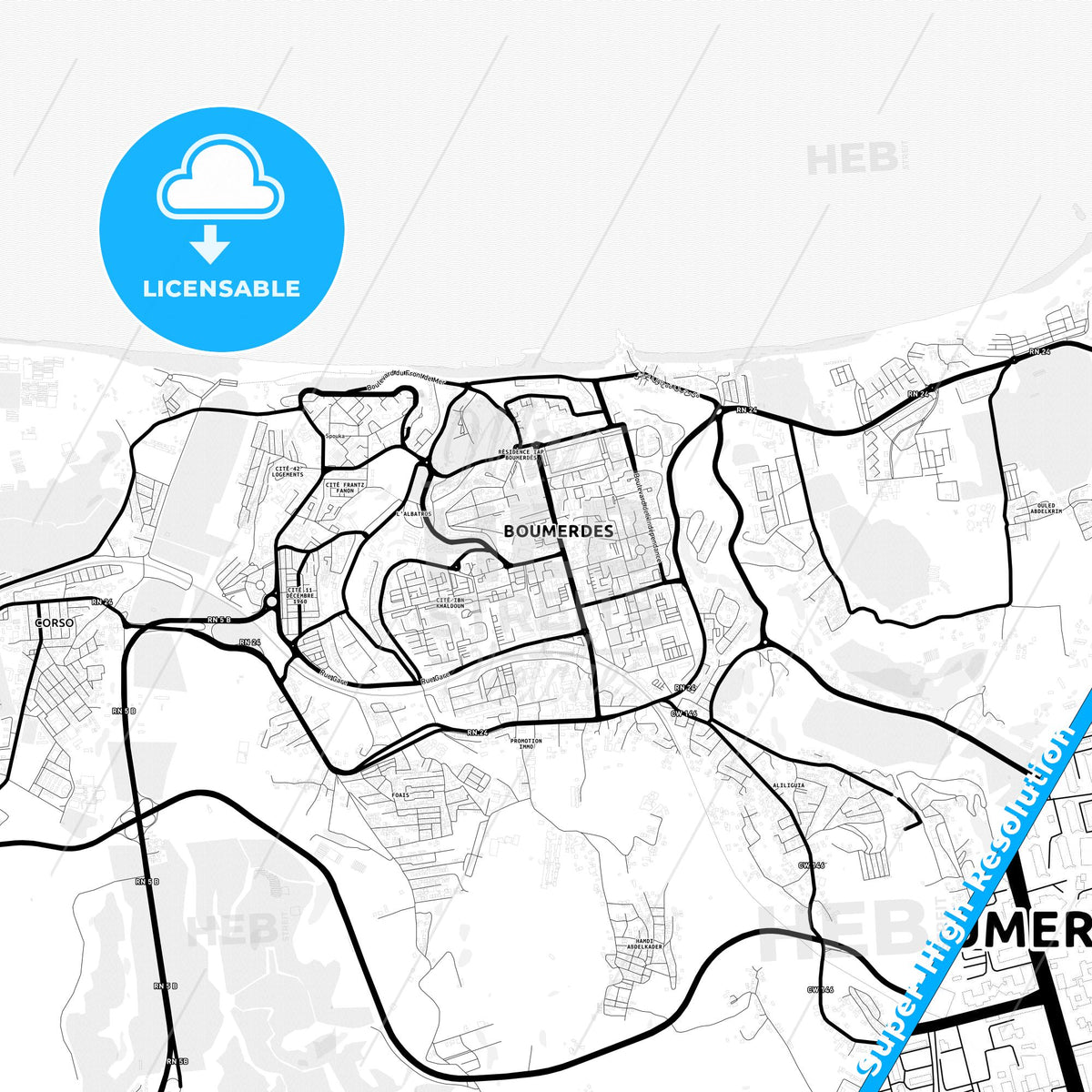 Boumerdas, Algeria Light Map with Street Names, City Names, and Districts