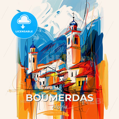 Vibrant Boumerdas, Algeria - A Painting Of A Town With A Mountain In The Background - Square format print template