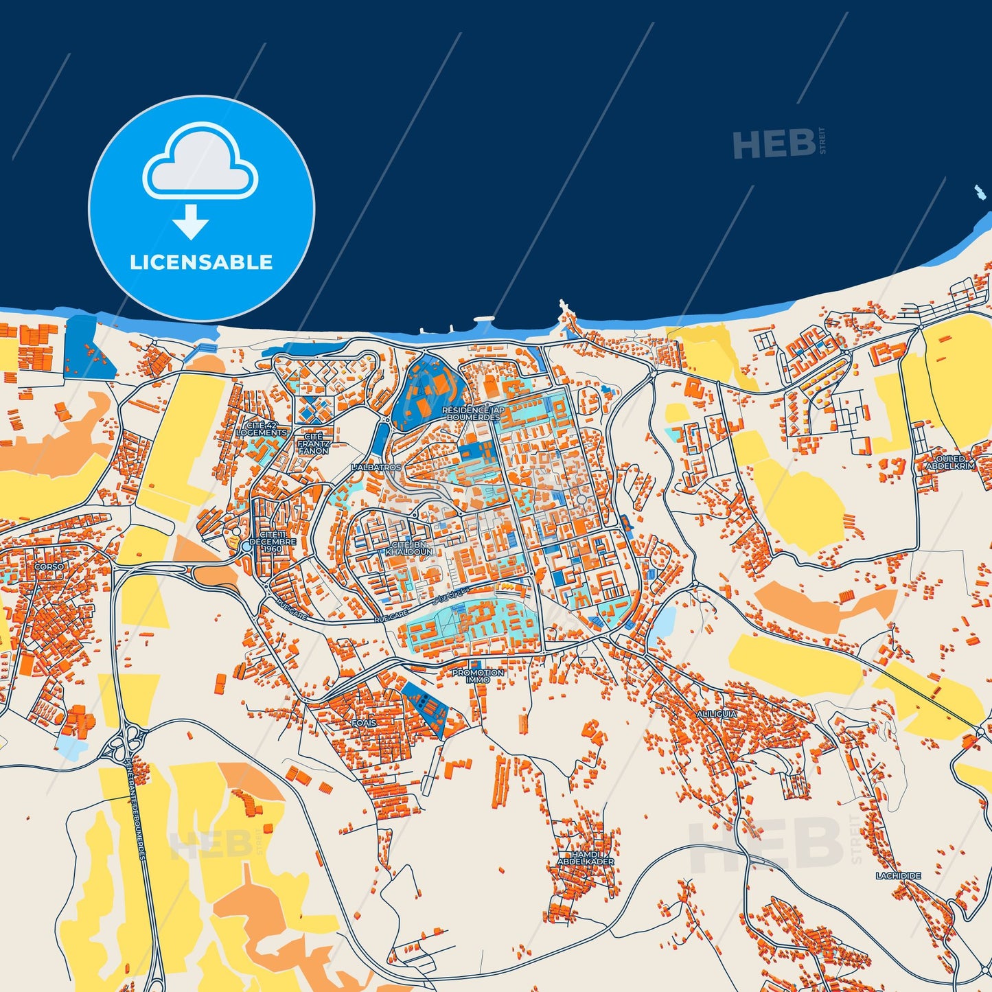 Colorful Boumerdas Street Map with Labels and Buildings