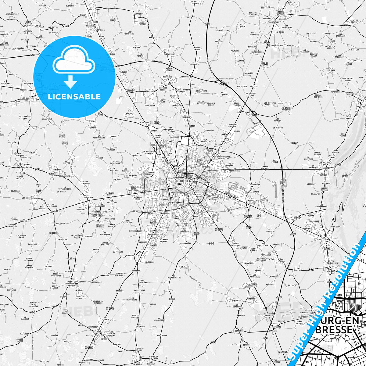 Bourg-en-Bresse, France light map with streetnames, citynames and districts