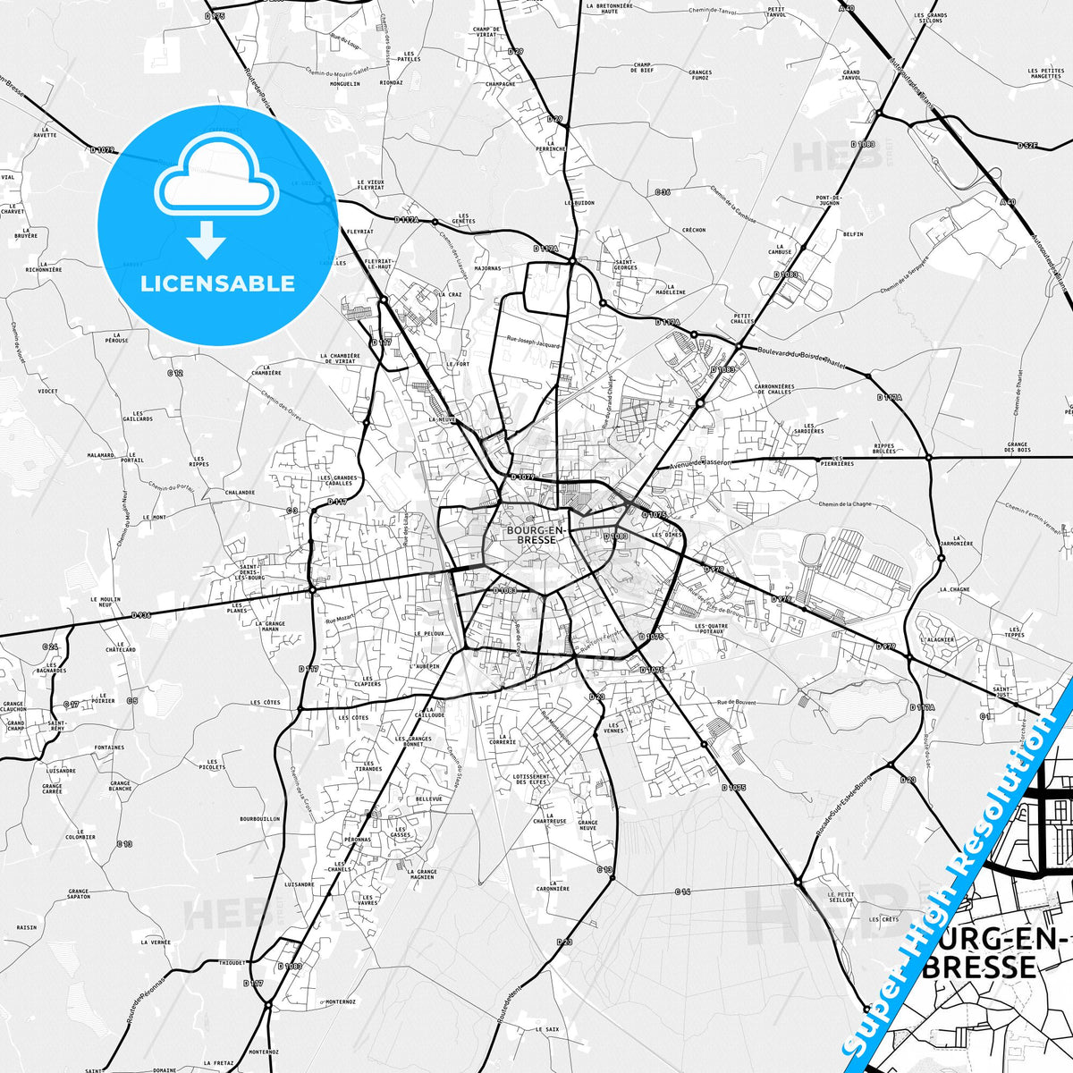 Bourg-en-Bresse, France Light Map with Street Names, City Names, and Districts