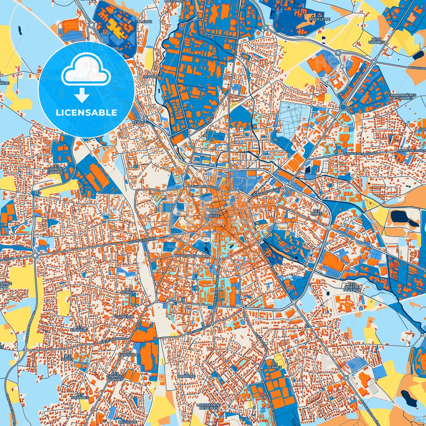 Colorful Bourg-en-Bresse Street Map with Labels and Buildings