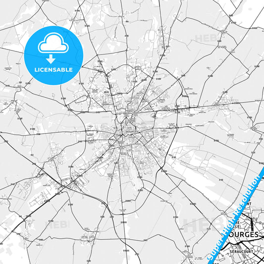 Bourges, France light map with streetnames, citynames and districts