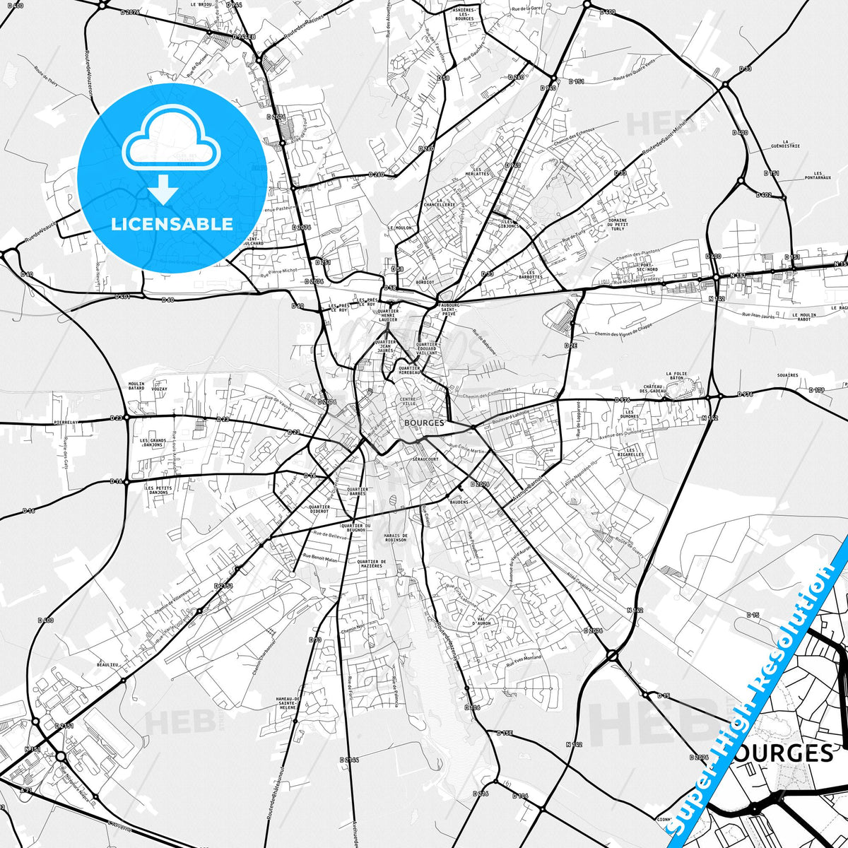 Bourges, France Light Map with Street Names, City Names, and Districts