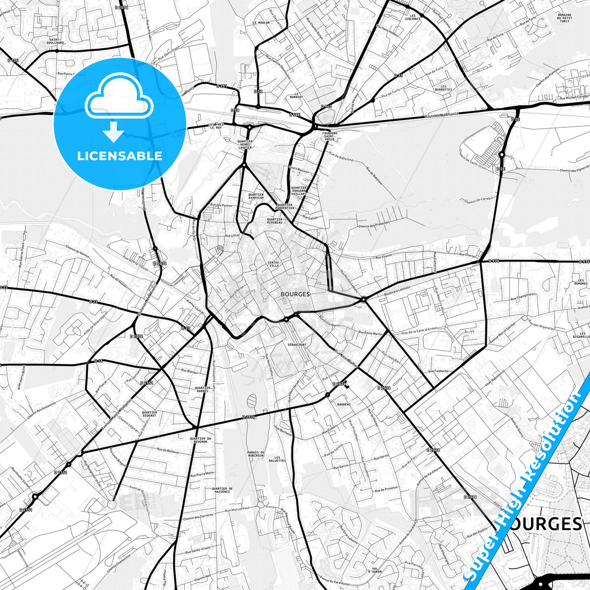Bourges, France Light Map with Street Names, City Names, and Districts
