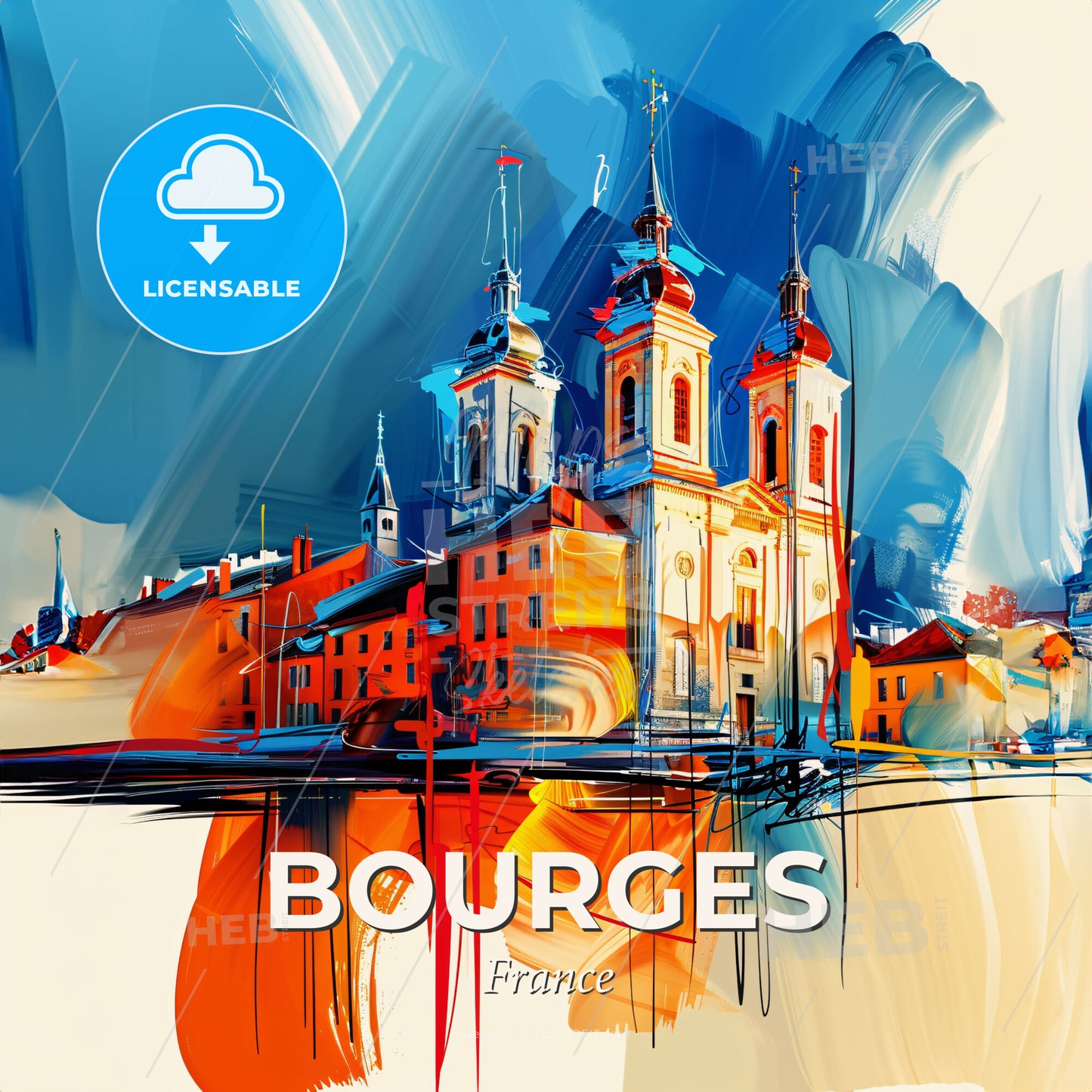 Vibrant Bourges, France - A Painting Of A Building With Towers And Towers - Square format print template