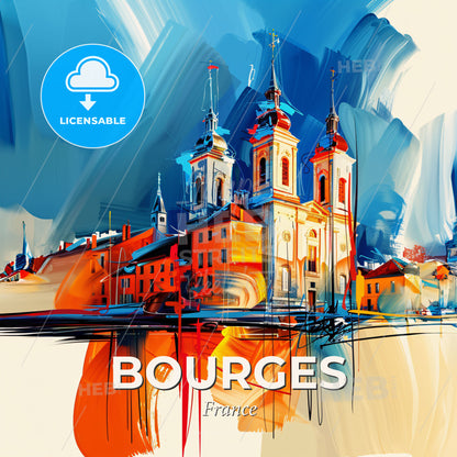 Vibrant Bourges, France - A Painting Of A Building With Towers And Towers - Square format print template