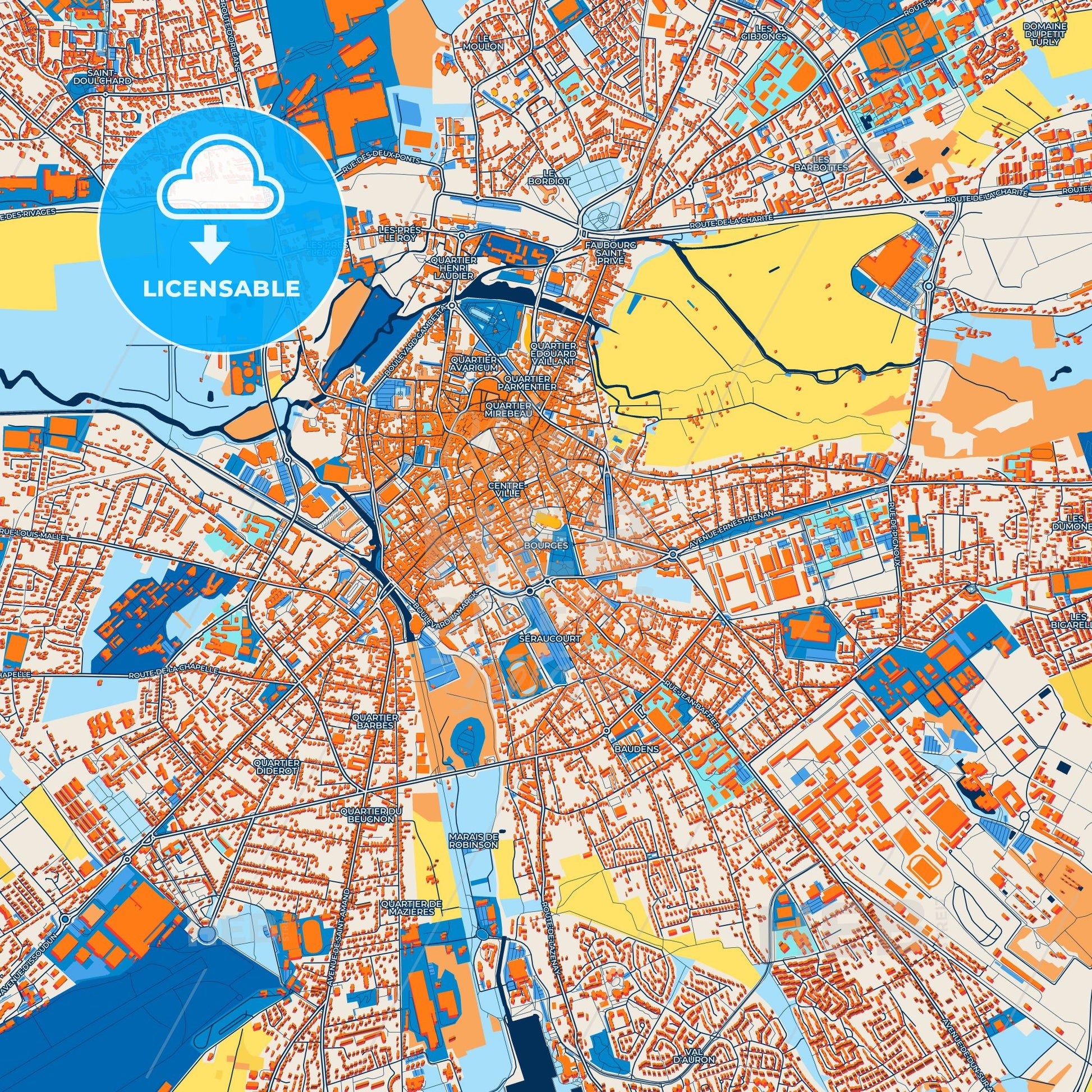 Colorful Bourges Street Map with Labels and Buildings