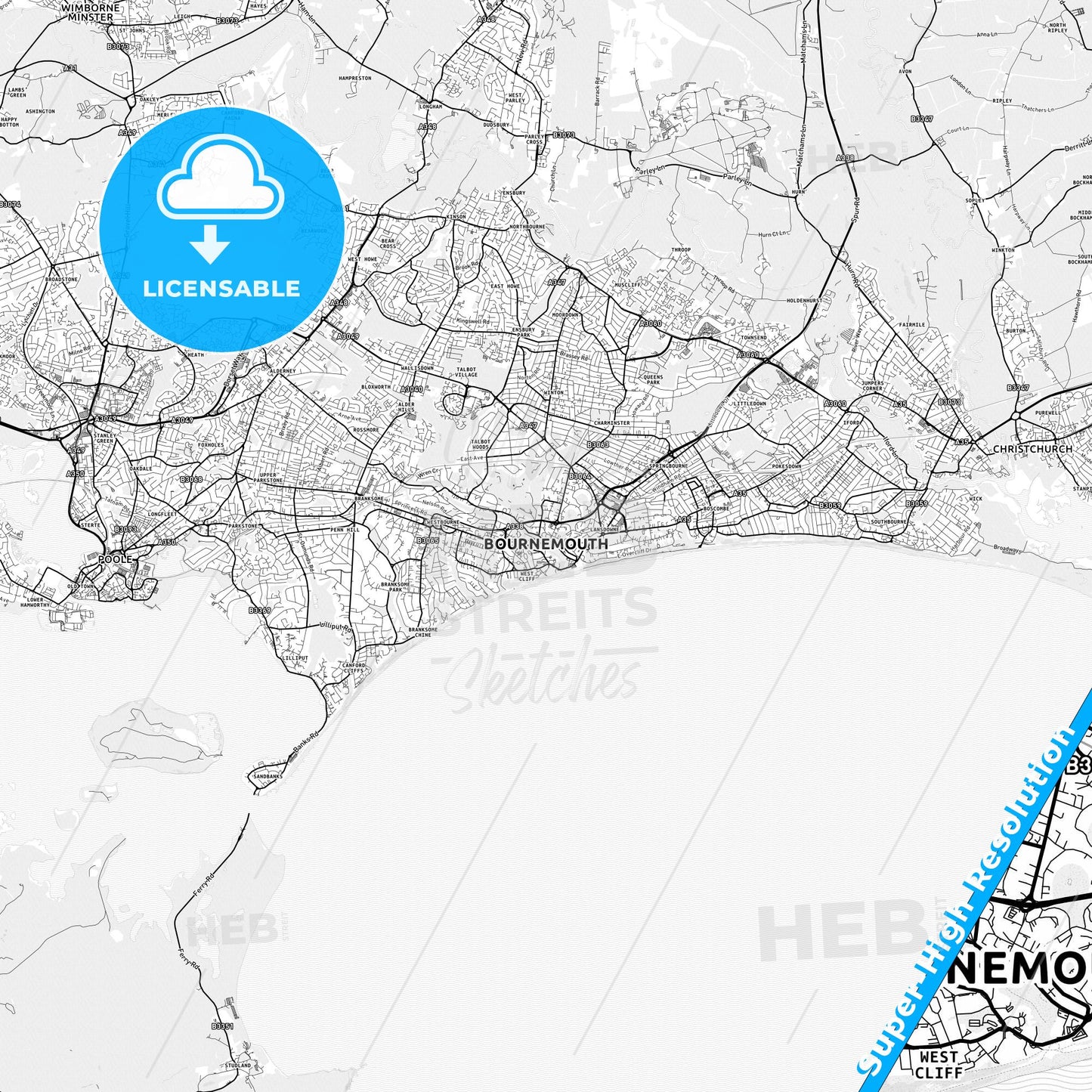 Bournemouth, England light map with streetnames, citynames and districts