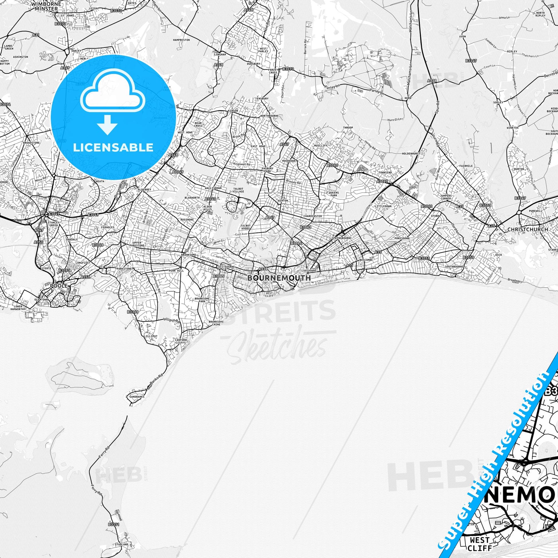 Bournemouth, England light map with streetnames, citynames and districts