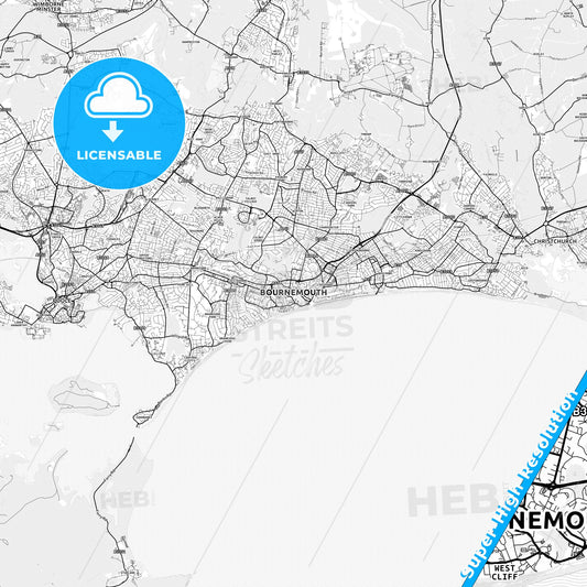 Bournemouth, England light map with streetnames, citynames and districts