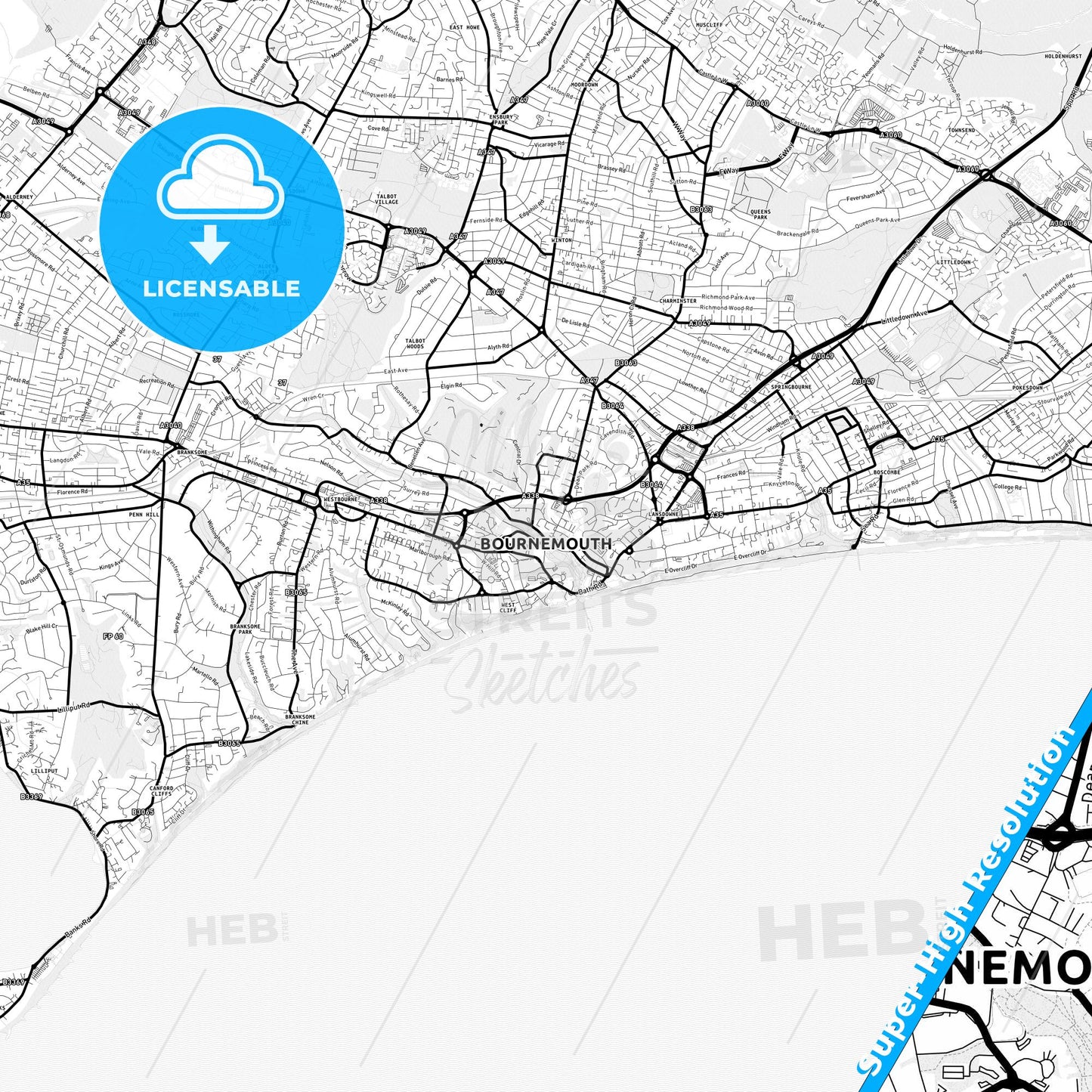 Bournemouth, England Light Map with Street Names, City Names, and Districts