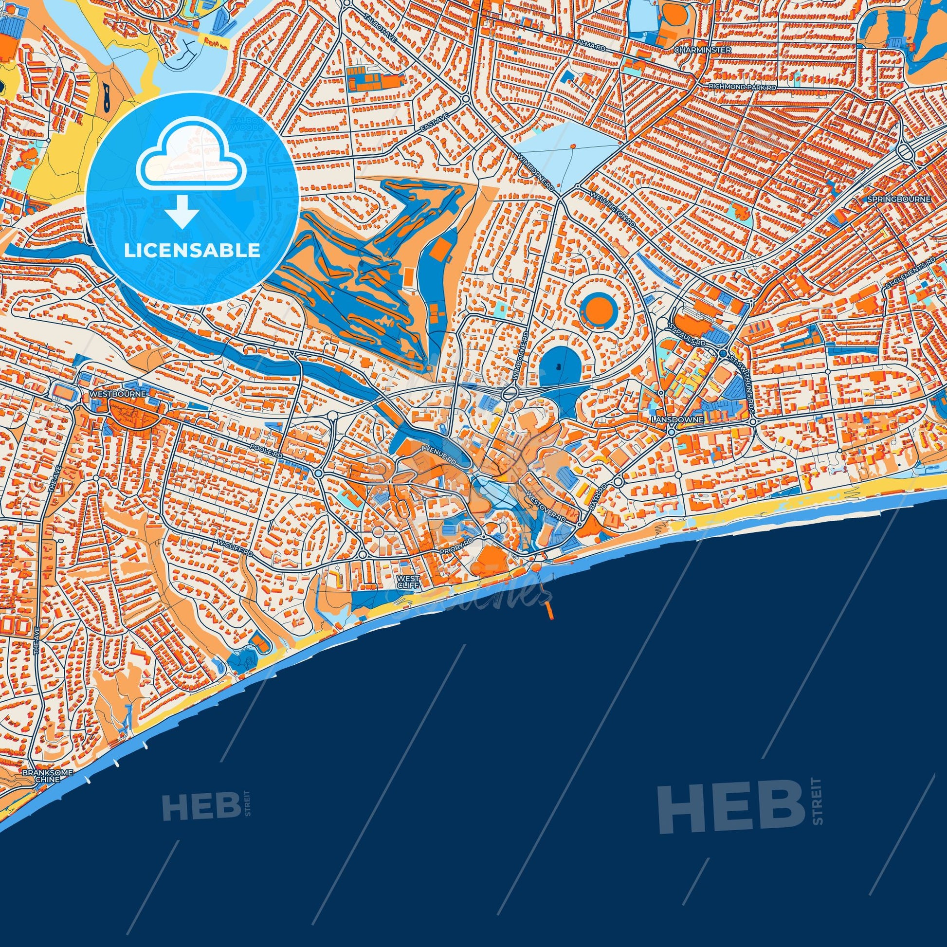 Colorful Bournemouth Street Map with Labels and Buildings