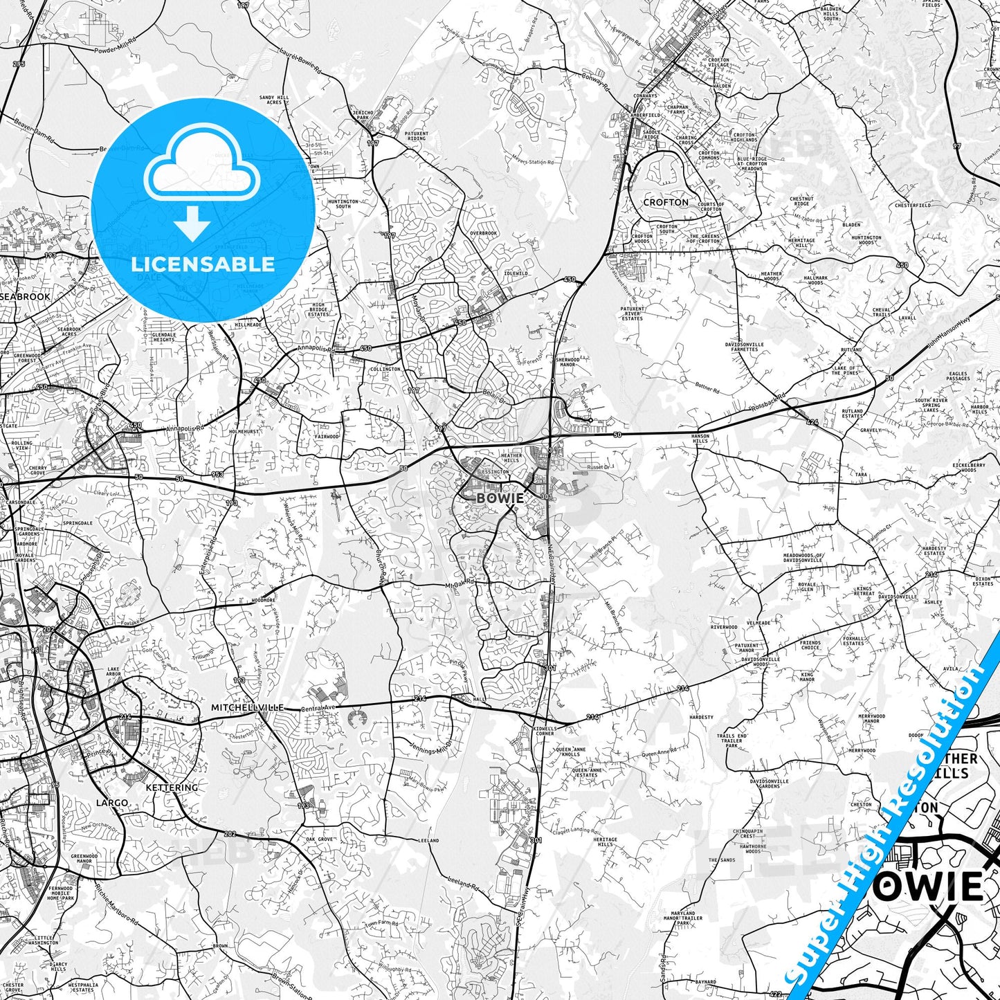 Bowie, Maryland light map with streetnames, citynames and districts