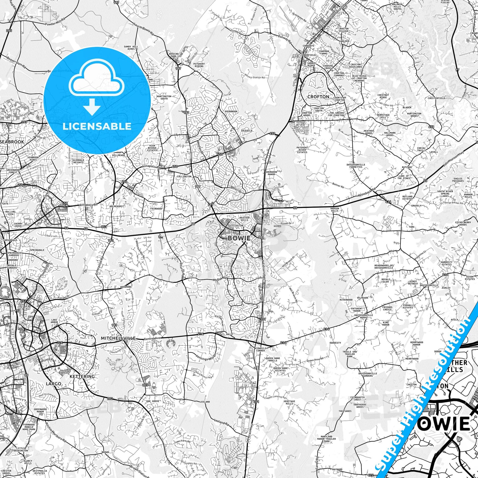 Bowie, Maryland light map with streetnames, citynames and districts