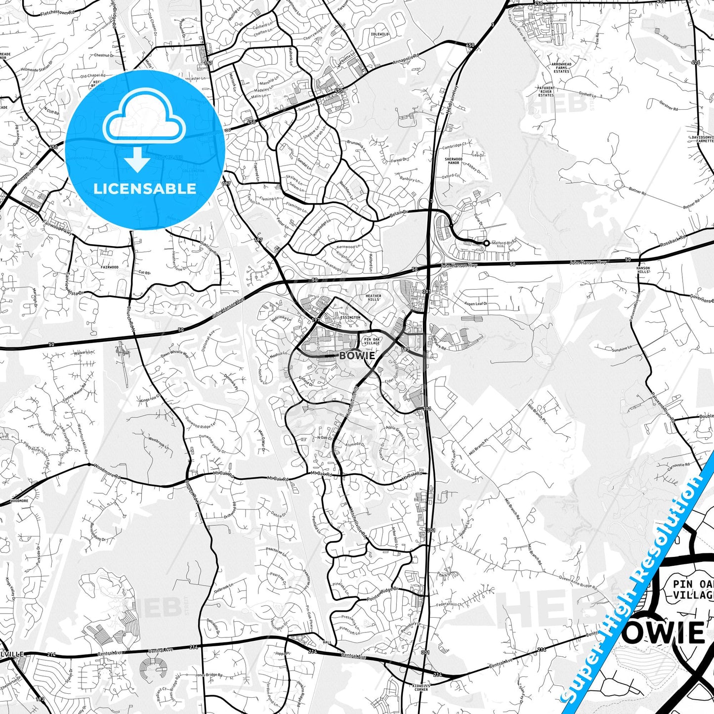 Bowie, Maryland Light Map with Street Names, City Names, and Districts