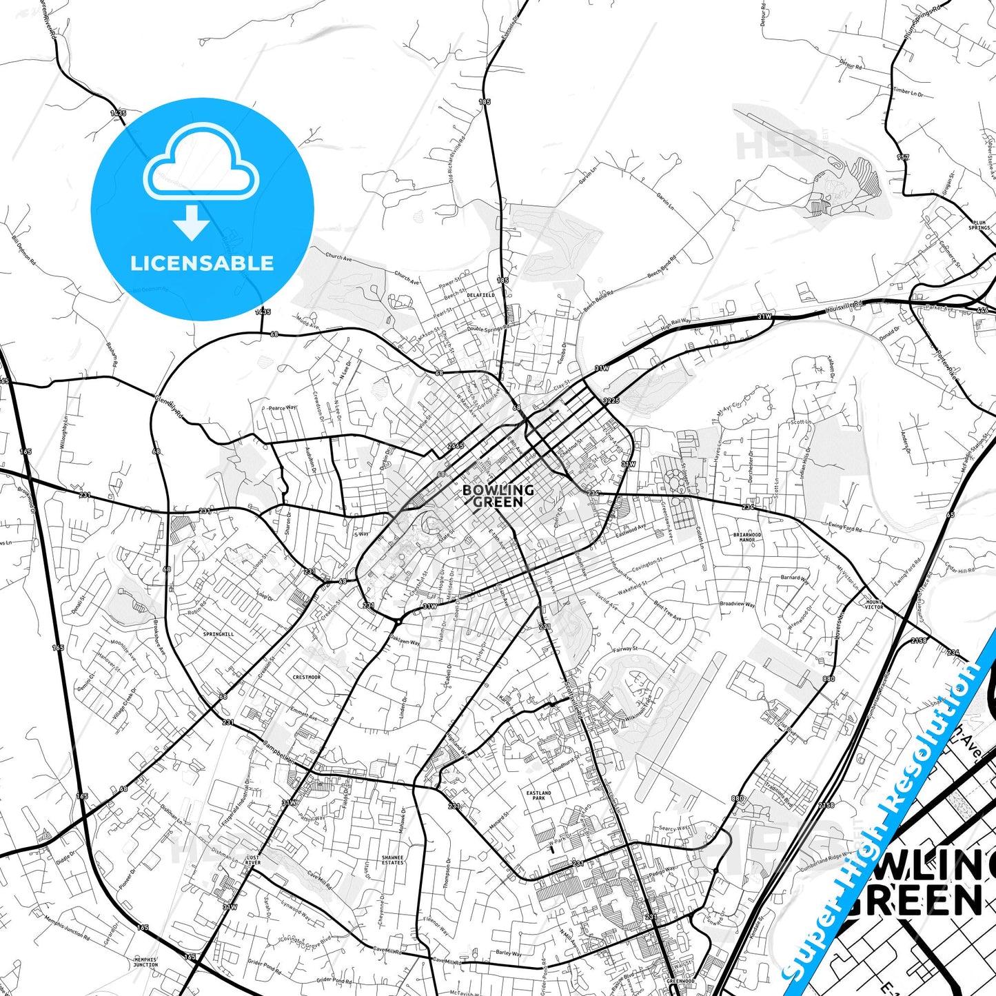 Bowling Green, Kentucky Light Map with Street Names, City Names, and Districts