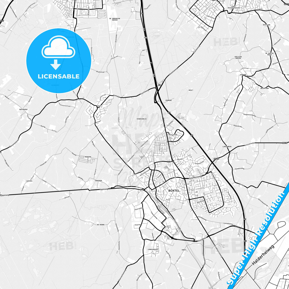 Boxtel, Netherlands Light Map with Street Names, City Names, and Districts