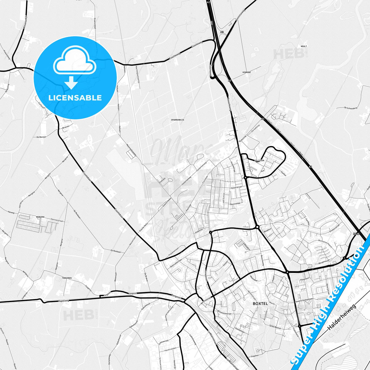 Boxtel, Netherlands Light Map with Street Names, City Names, and Districts