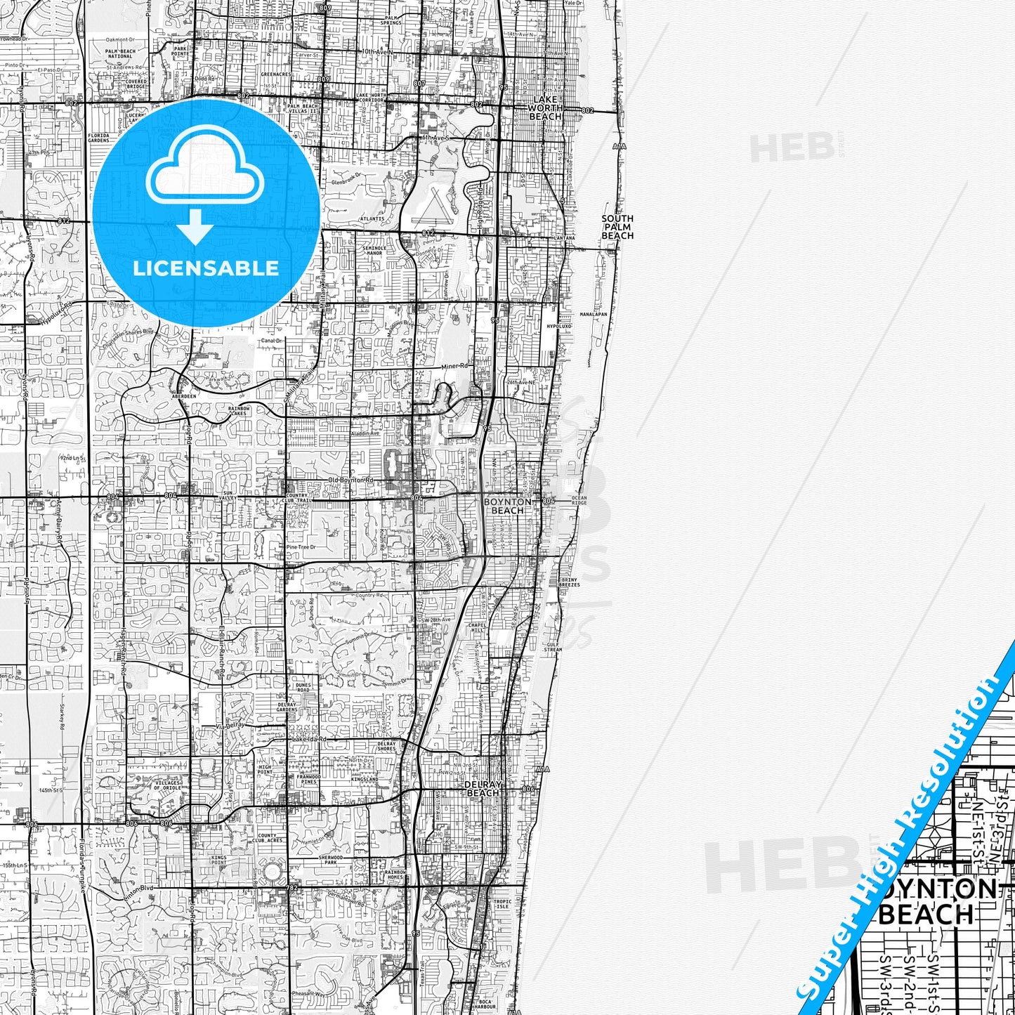 Boynton Beach, Florida light map with streetnames, citynames and districts