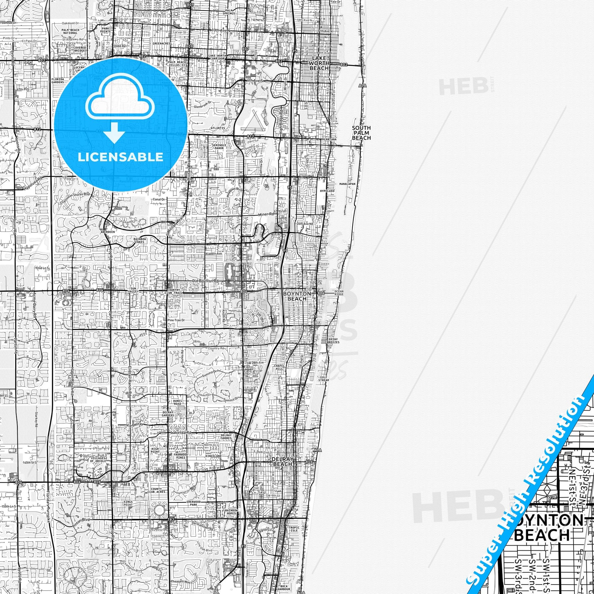 Boynton Beach, Florida light map with streetnames, citynames and districts
