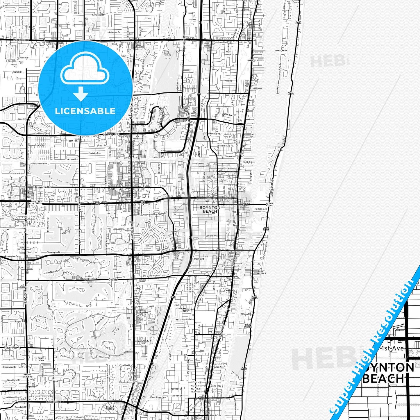 Boynton Beach, Florida Light Map with Street Names, City Names, and Districts