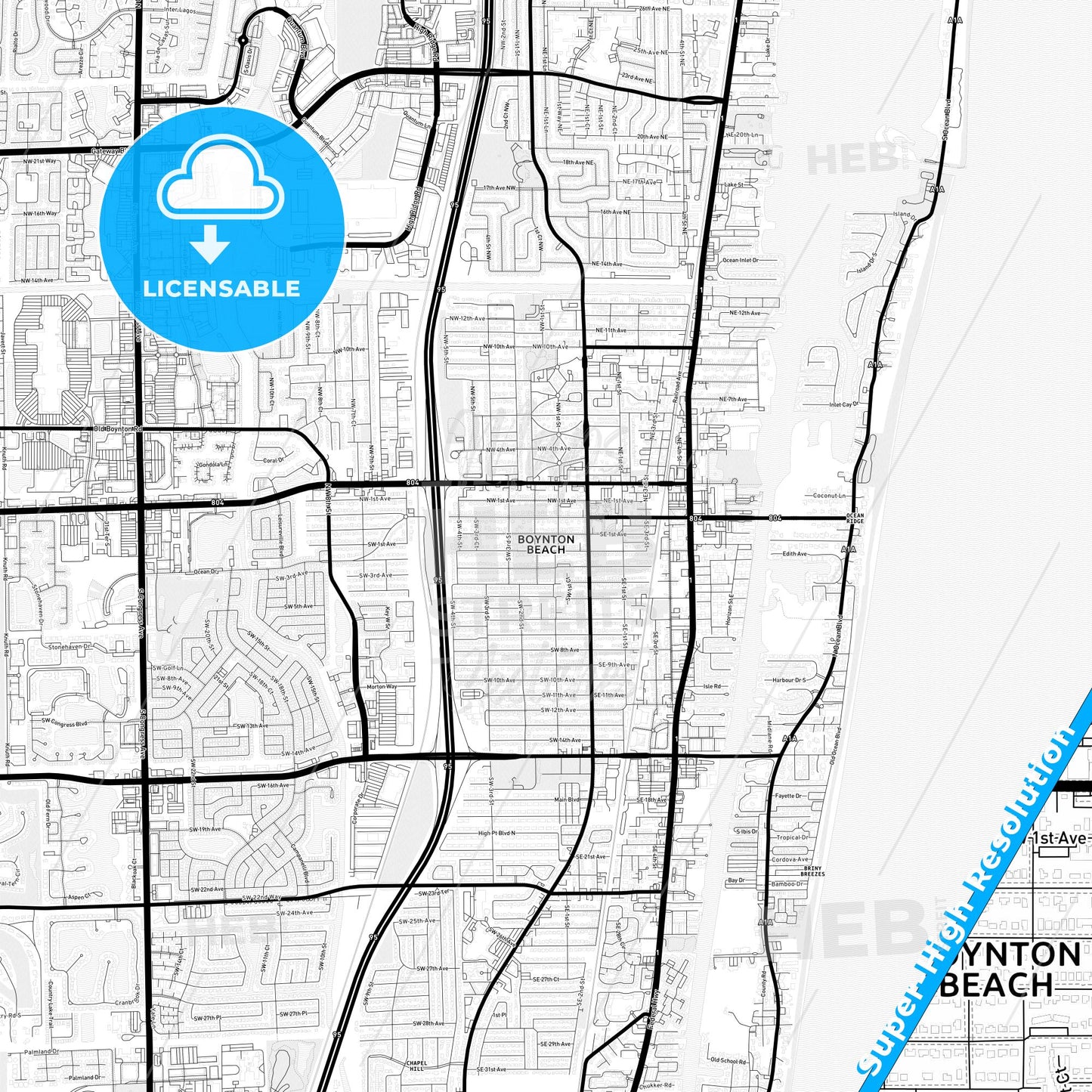 Boynton Beach, Florida Light Map with Street Names, City Names, and Districts