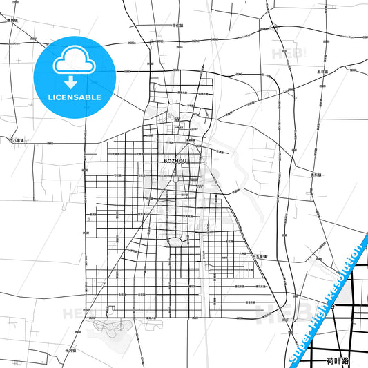 Bozhou, China light map with streetnames, citynames and districts